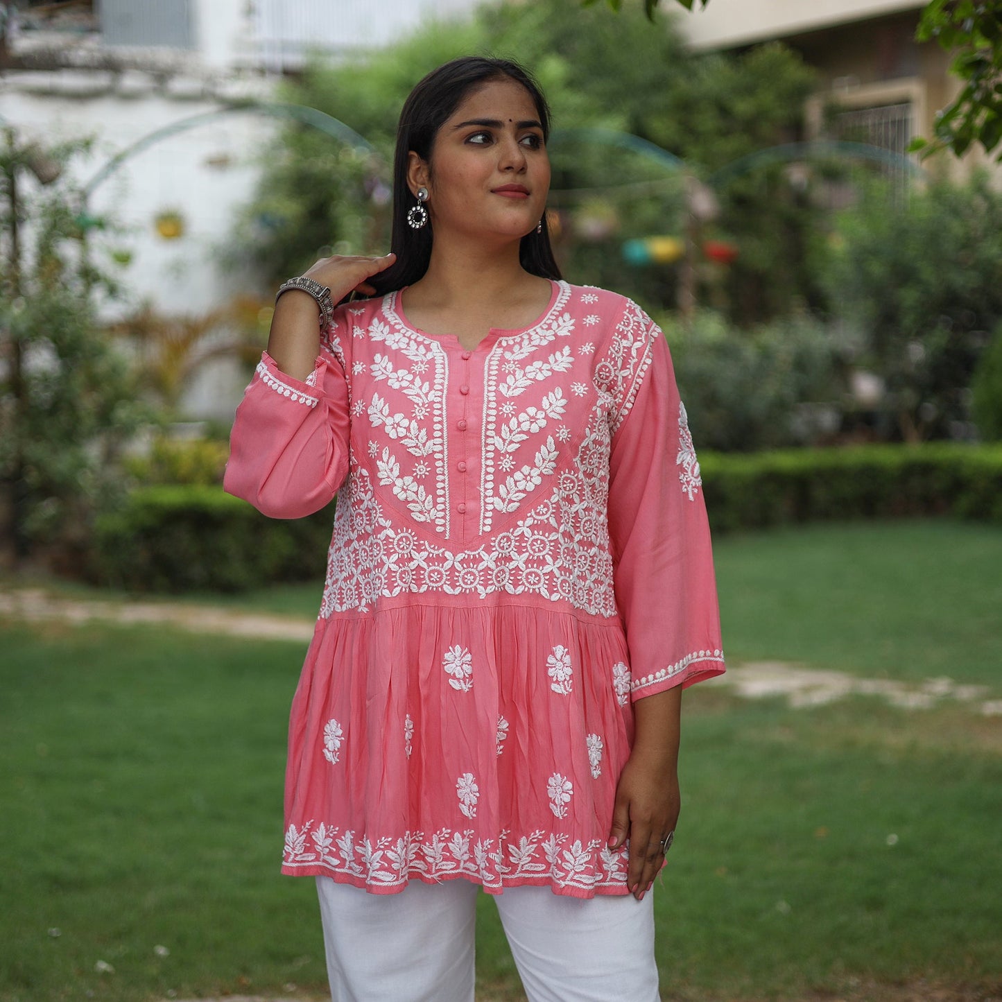 Chikankari Hand Embroidered Mul Cotton Short Kurta for Women