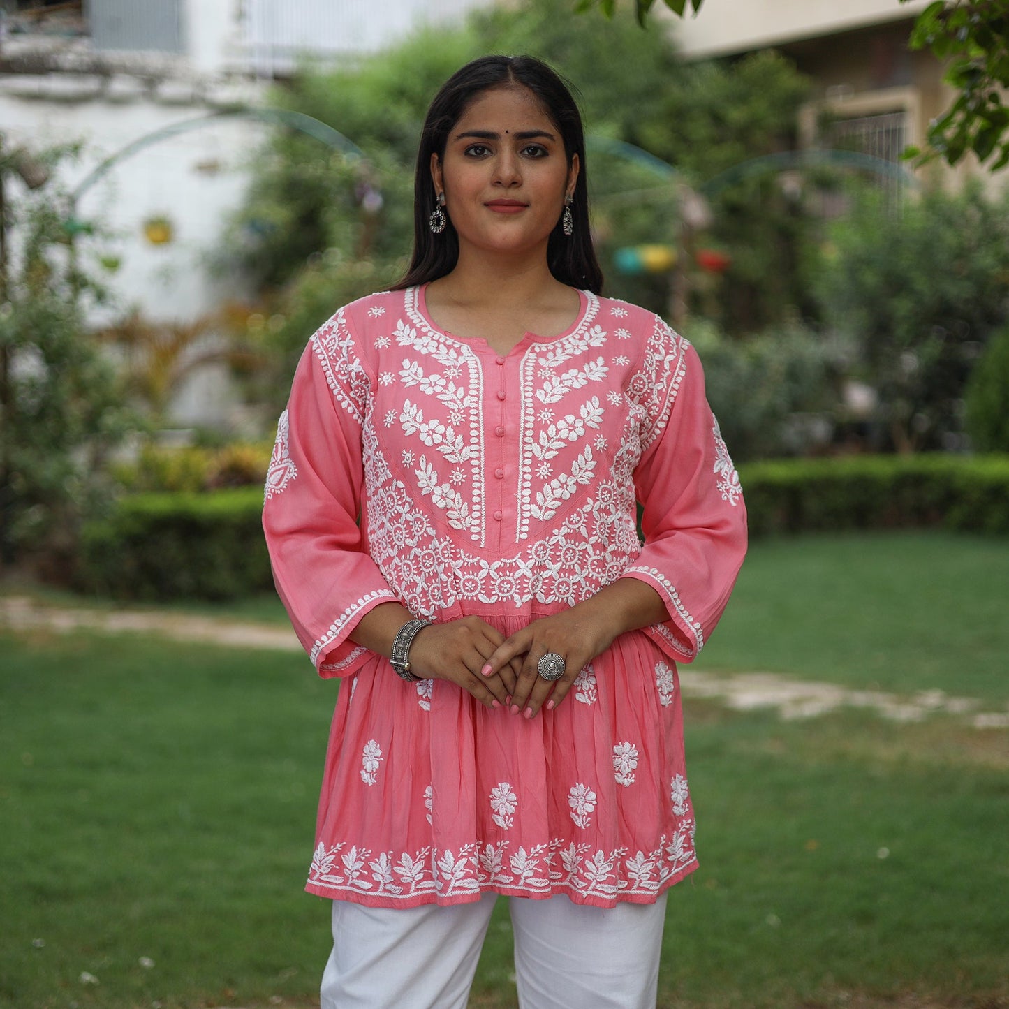Chikankari Hand Embroidered Mul Cotton Short Kurta for Women