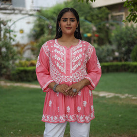 Chikankari Hand Embroidered Mul Cotton Short Kurta for Women