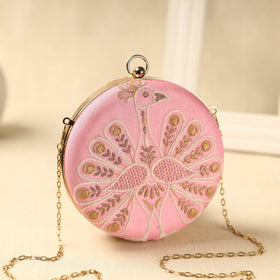 Pink Chikankari Hand Embroidery Tussar Silk Clutch/Sling Bag