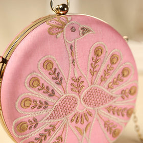 Pink Chikankari Hand Embroidery Tussar Silk Clutch/Sling Bag