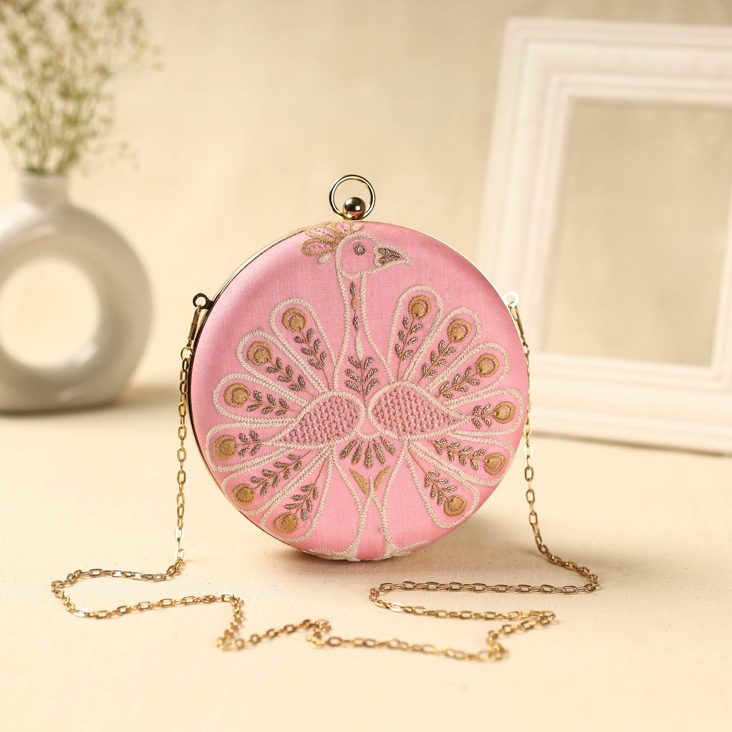 Pink Chikankari Hand Embroidery Tussar Silk Clutch/Sling Bag