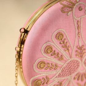 Pink Chikankari Hand Embroidery Tussar Silk Clutch/Sling Bag