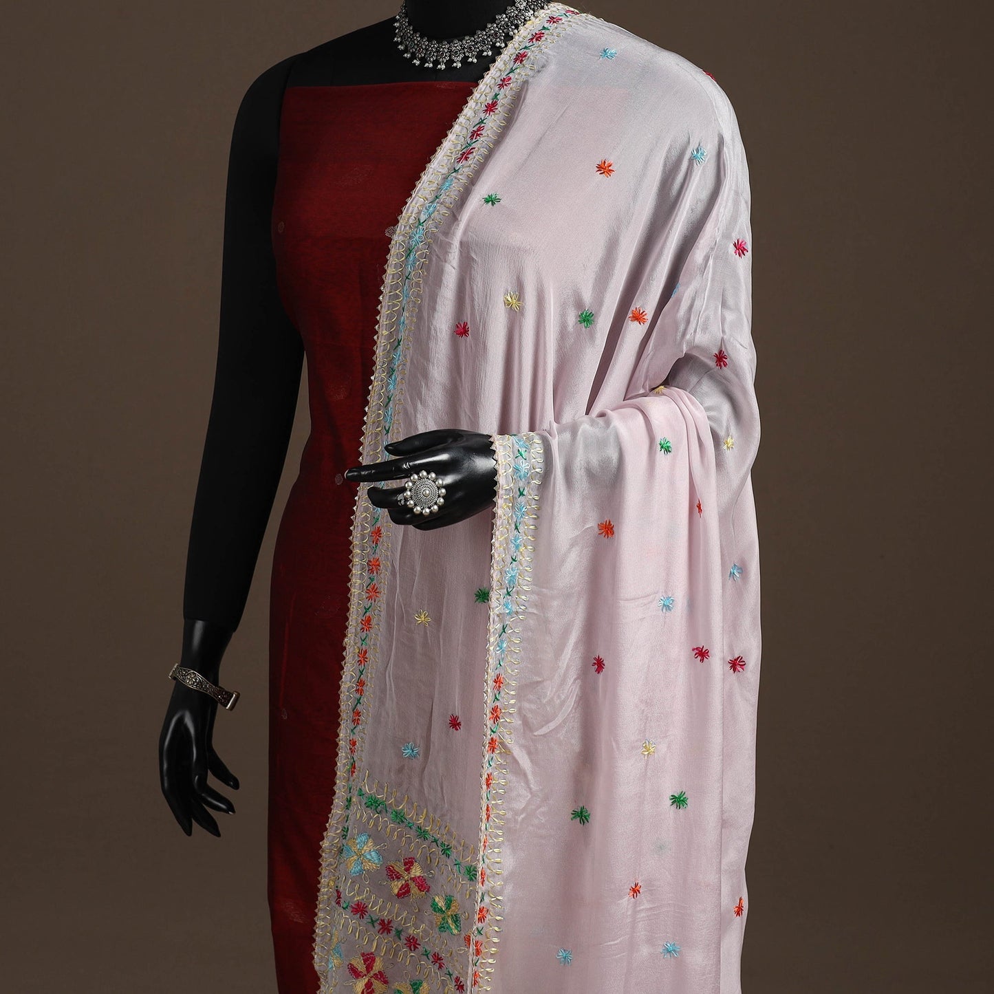 Chinon silk hand embroidered phulkari dupatta 02