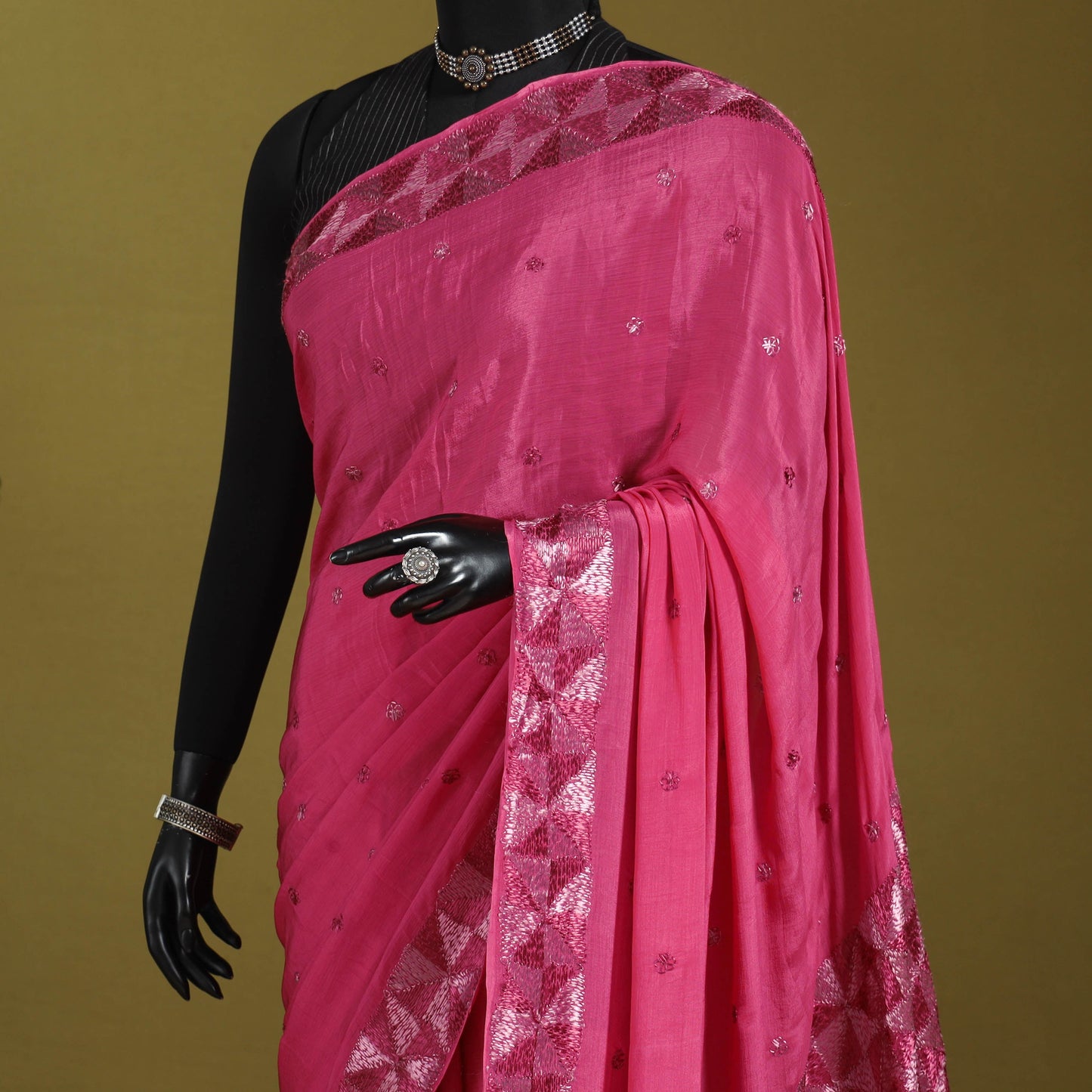 Pink - chinon silk hand embroidery phulkari saree 14