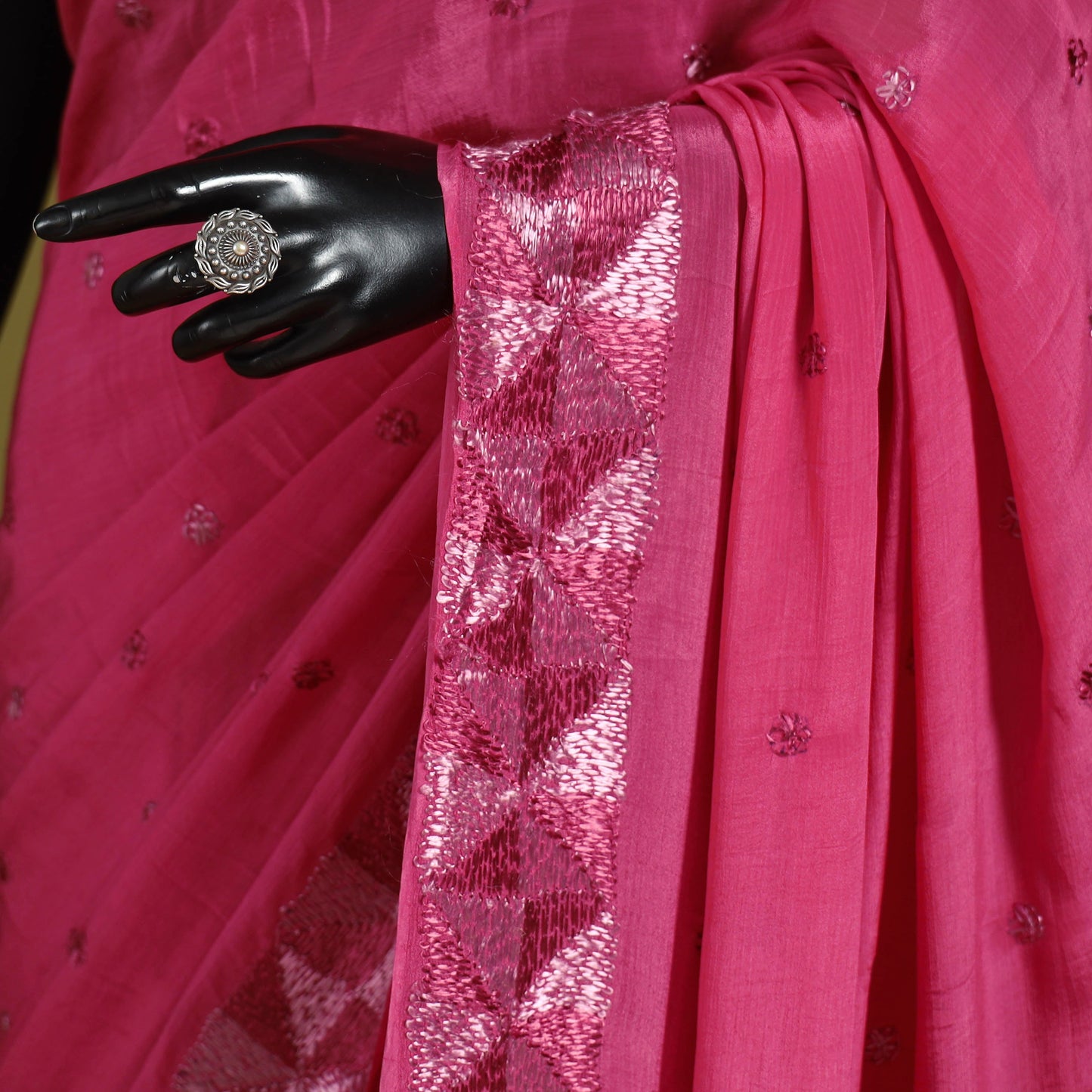 Pink - chinon silk hand embroidery phulkari saree 14