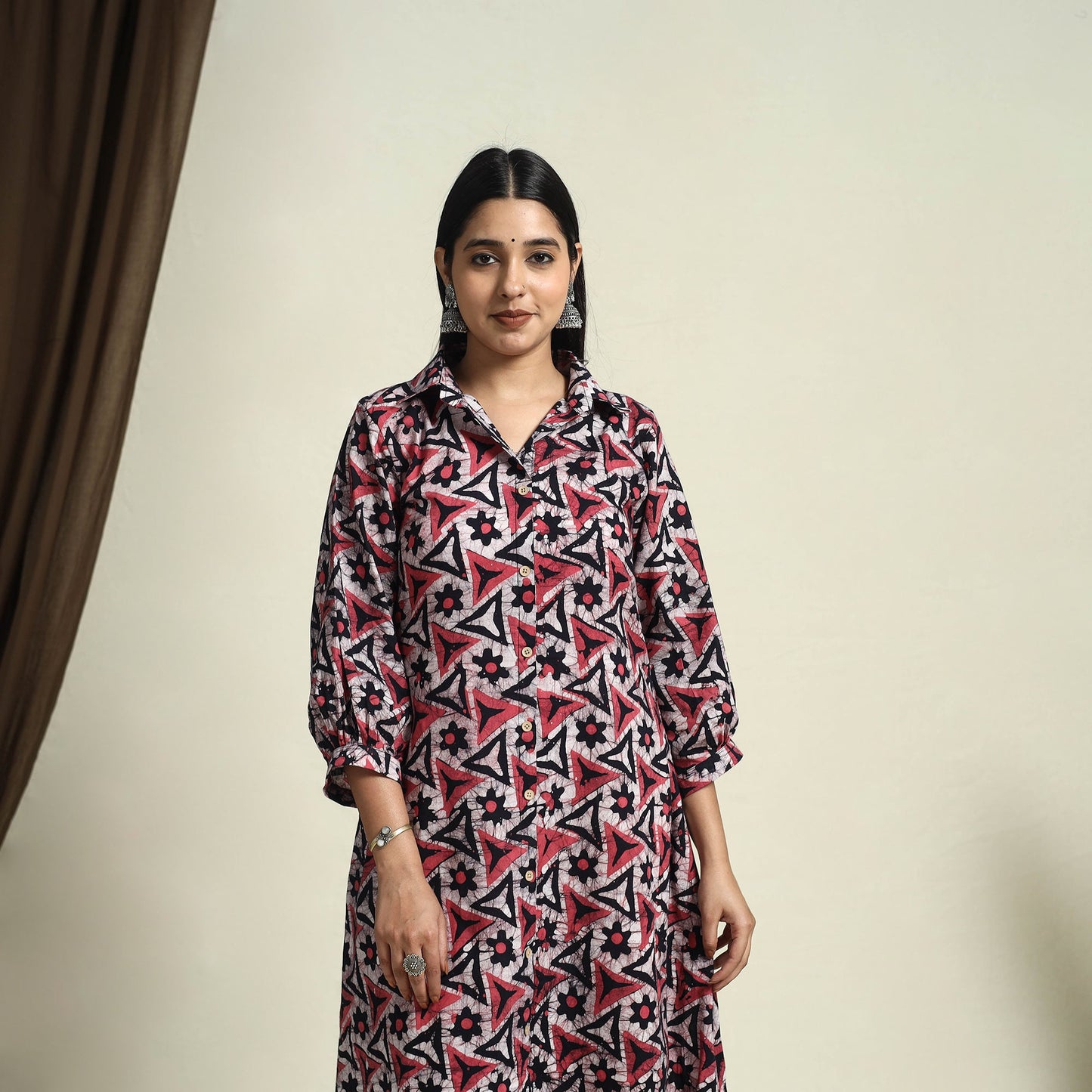 Collared Neck Buttoned Down Pink Batik Print Cotton Kurta for Women