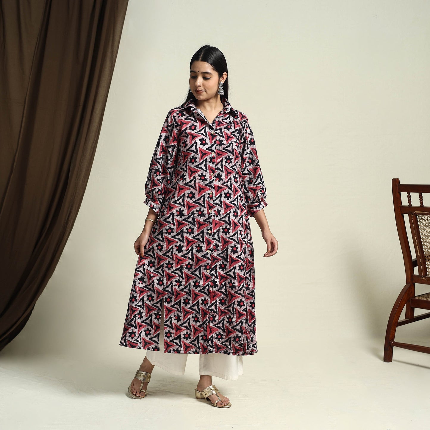 Collared Neck Buttoned Down Pink Batik Print Cotton Kurta for Women