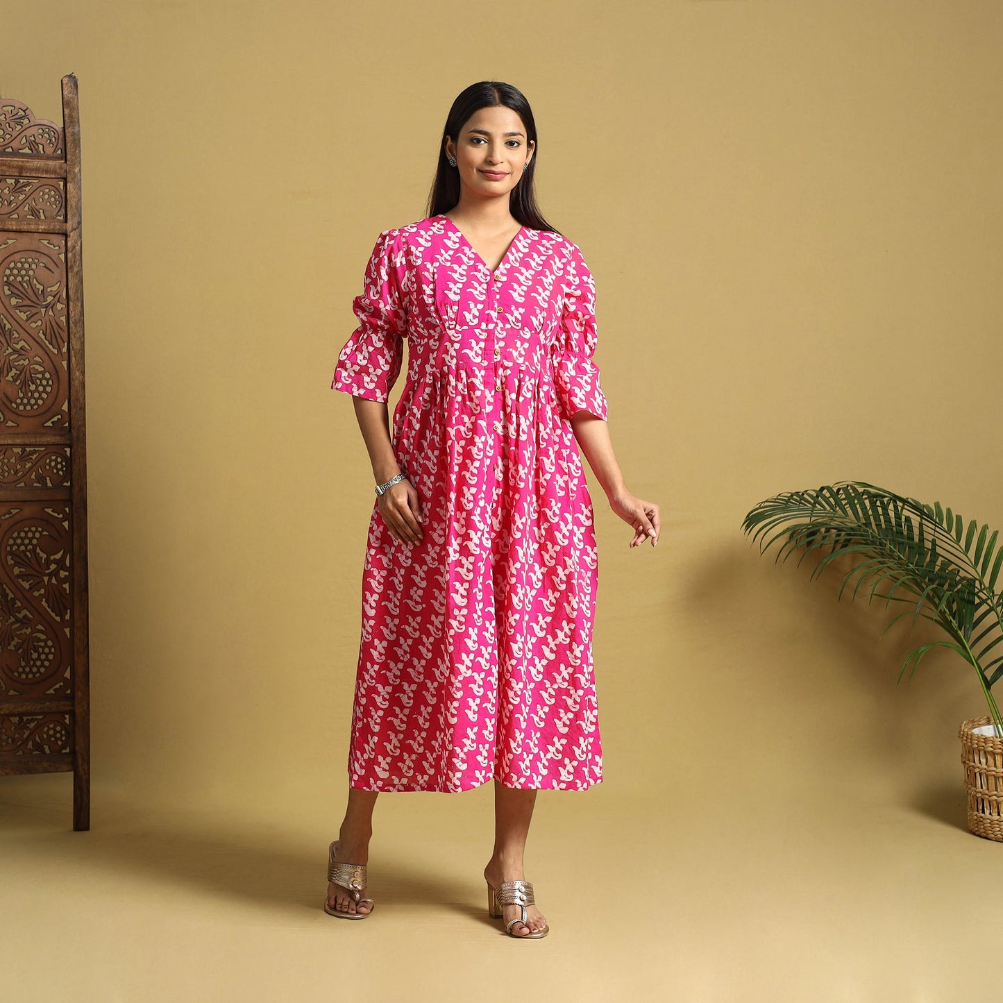 Pink Cotton Button Down Hand Batik Print Dress