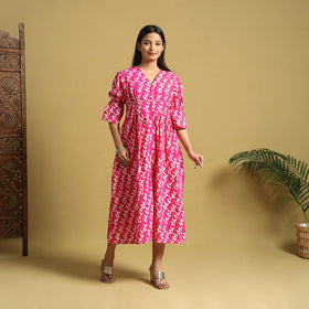 Pink Cotton Button Down Hand Batik Print Dress
