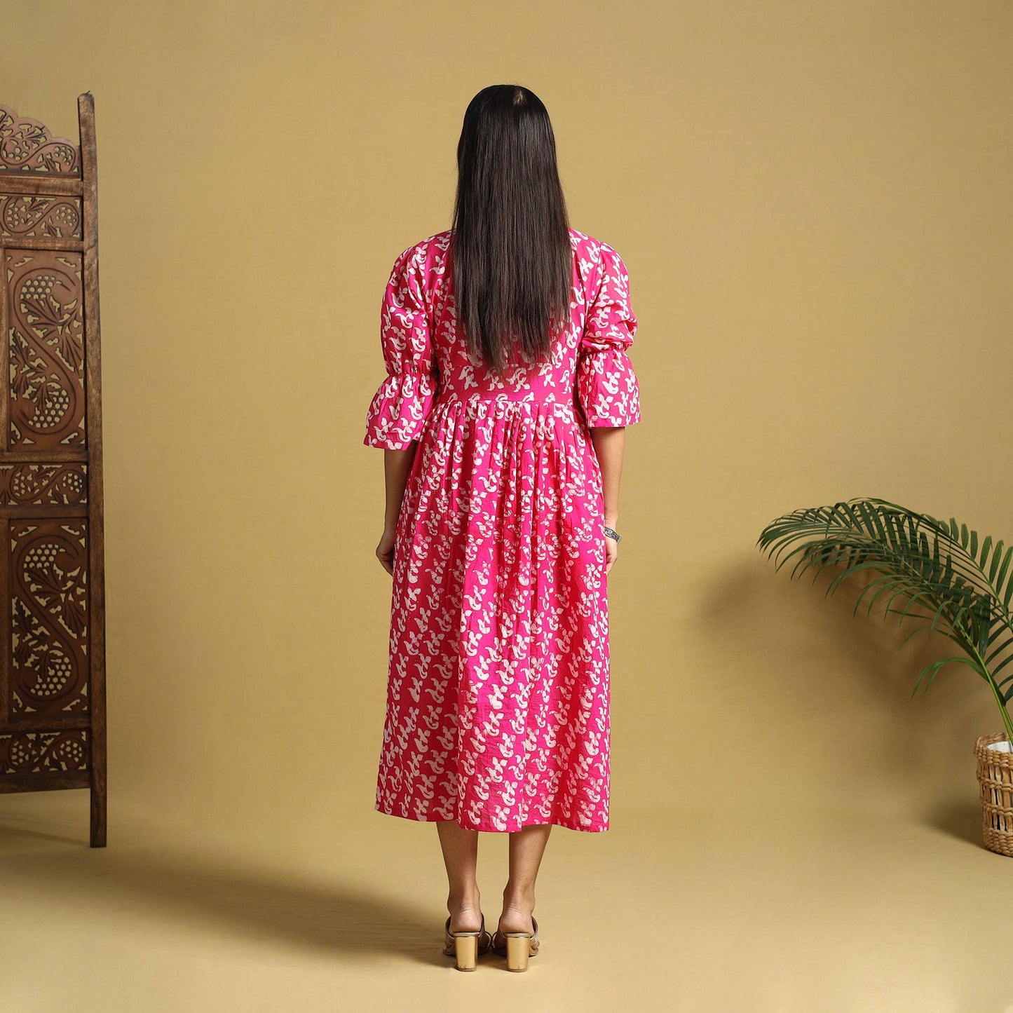 Pink Cotton Button Down Hand Batik Print Dress