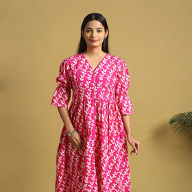 Pink Cotton Button Down Hand Batik Print Dress
