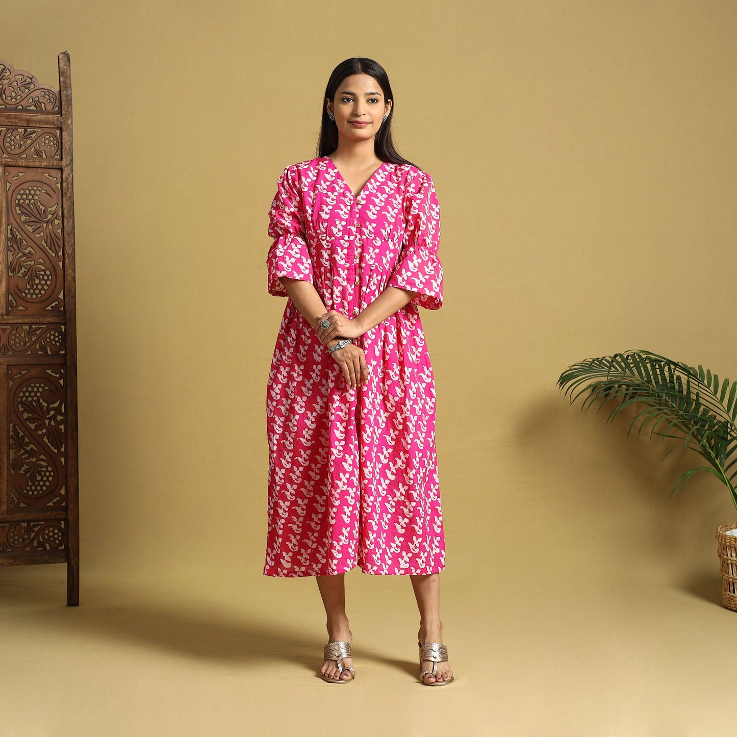 Pink Cotton Button Down Hand Batik Print Dress