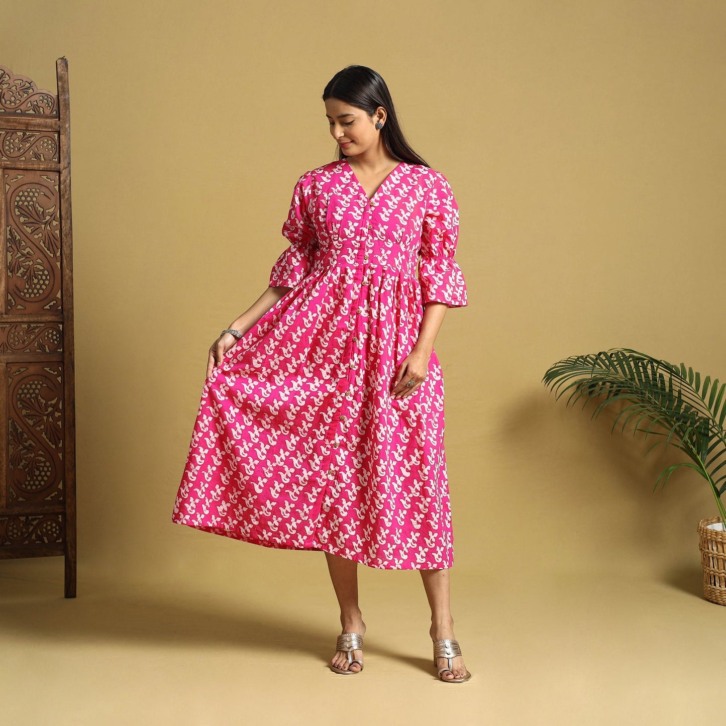 Pink Cotton Button Down Hand Batik Print Dress