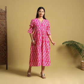 Pink Cotton Button Down Hand Batik Print Dress