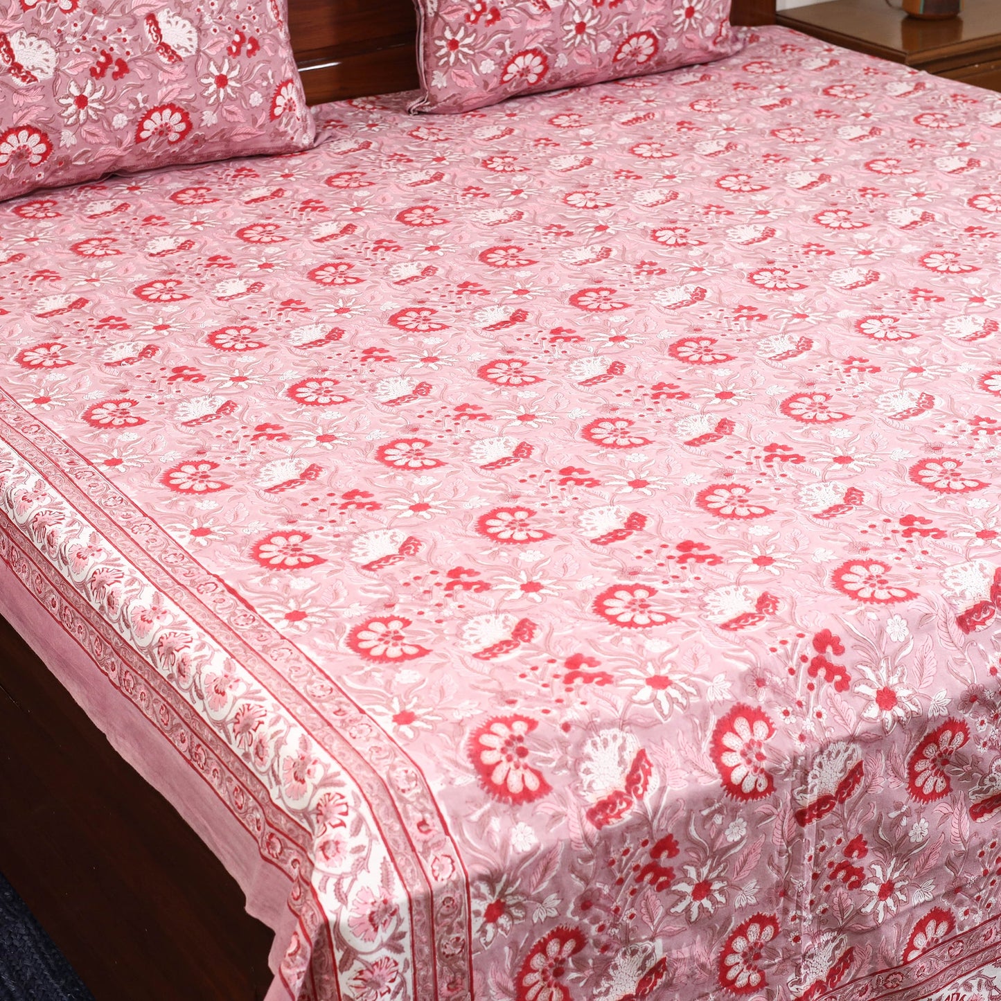 Pink - cotton double sanganeri bed sheet set (108 x 90 in)