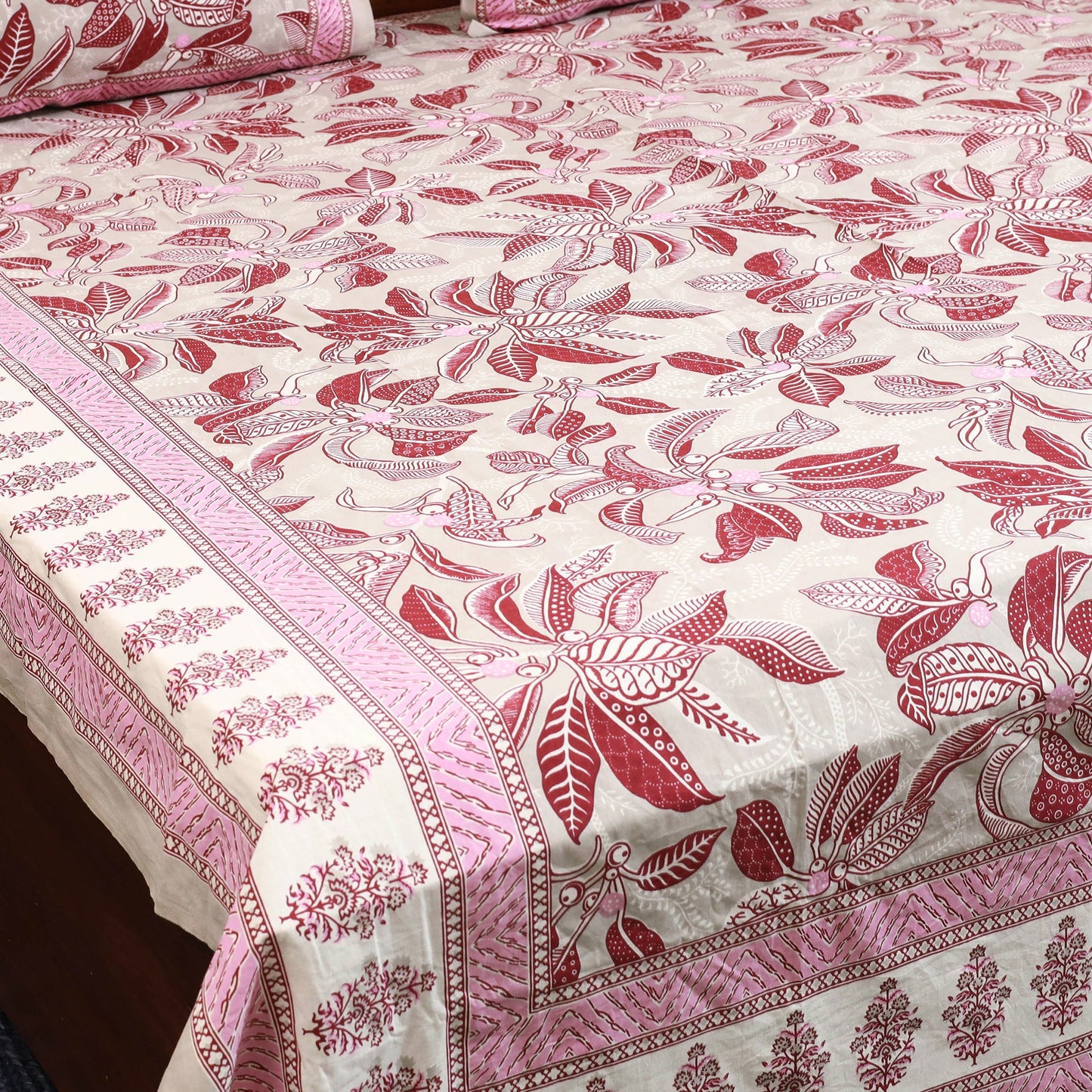 Pink - cotton double sanganeri bed sheet set (108 x 90 in)