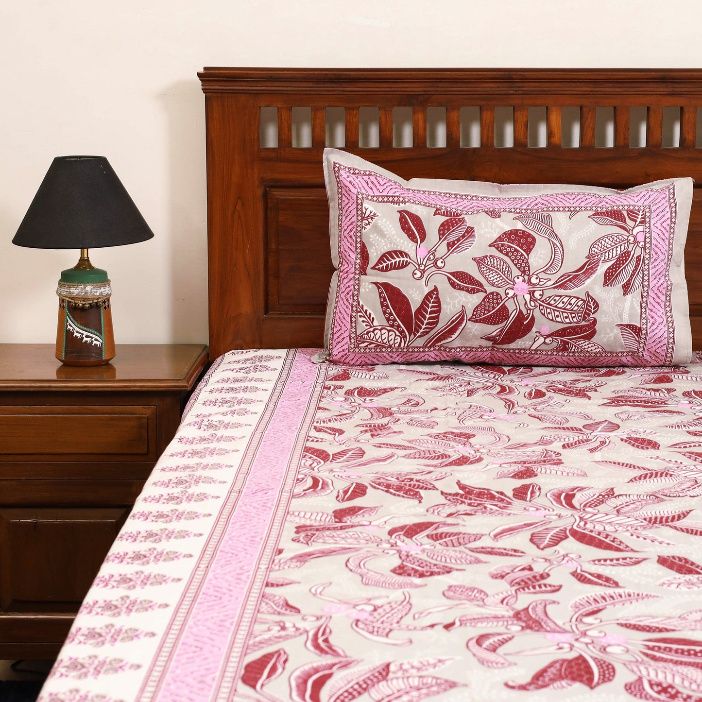 Pink - cotton double sanganeri bed sheet set (108 x 90 in)