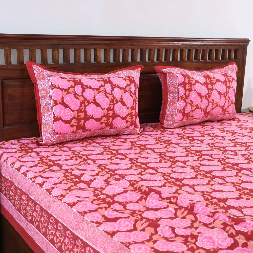Pink - Block Print Cotton Double Sanganeri Bed Sheet
