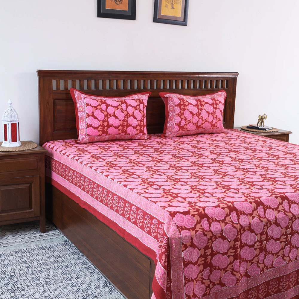 Pink - Block Print Cotton Double Sanganeri Bed Sheet