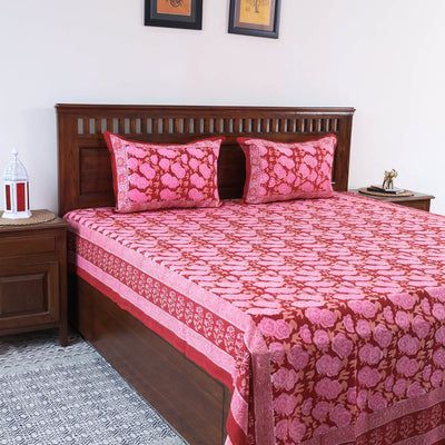 Pink - Block Print Cotton Double Sanganeri Bed Sheet