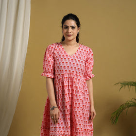  Pink Block Print Cotton Frill Sanganeri Dress