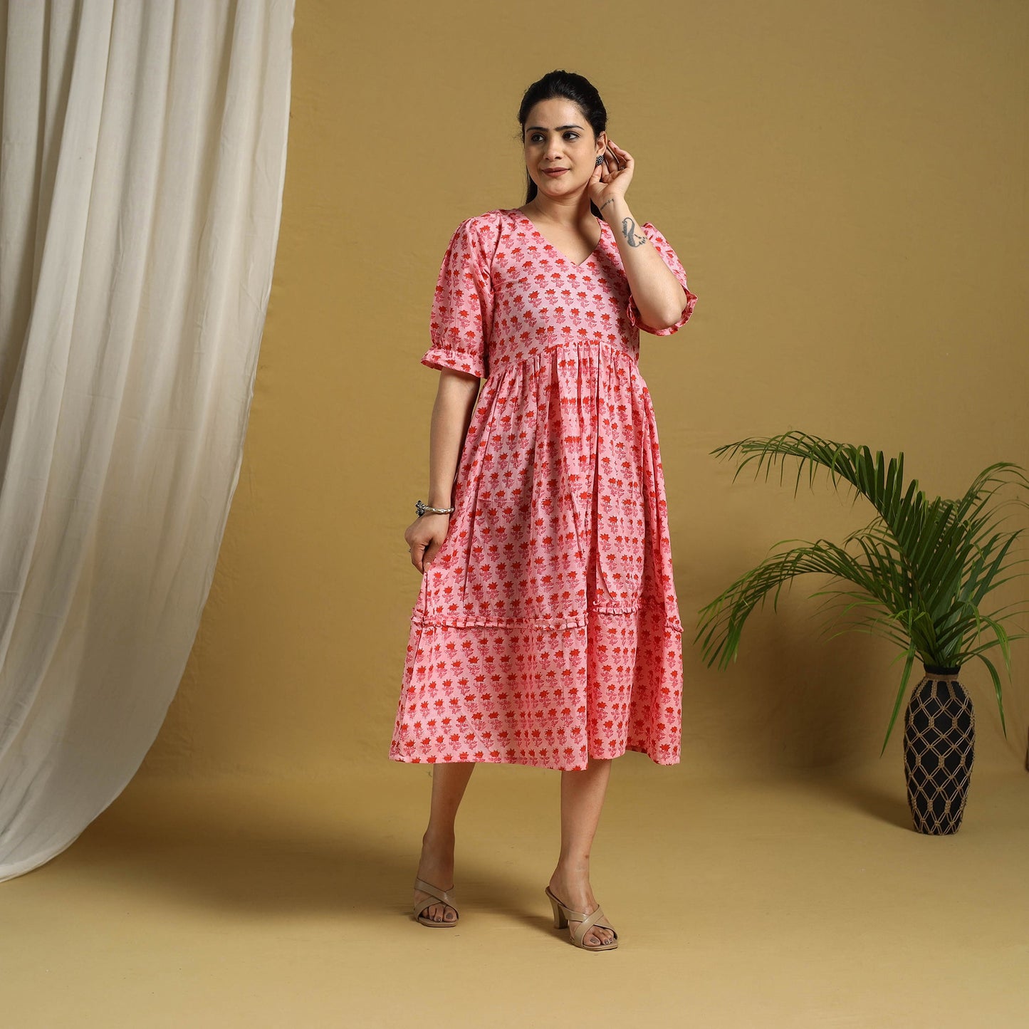  Pink Block Print Cotton Frill Sanganeri Dress