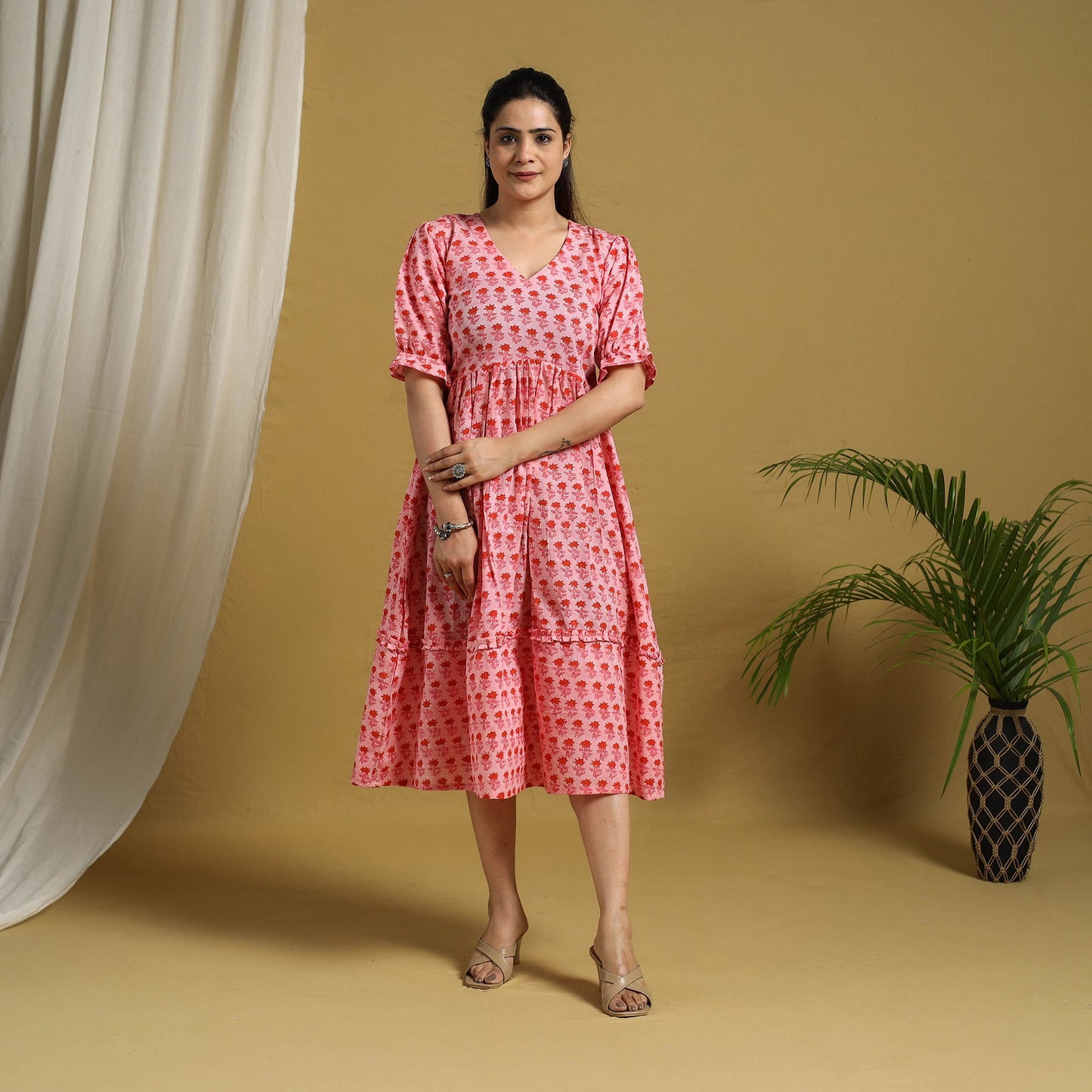 Pink Block Print Cotton Frill Sanganeri Dress