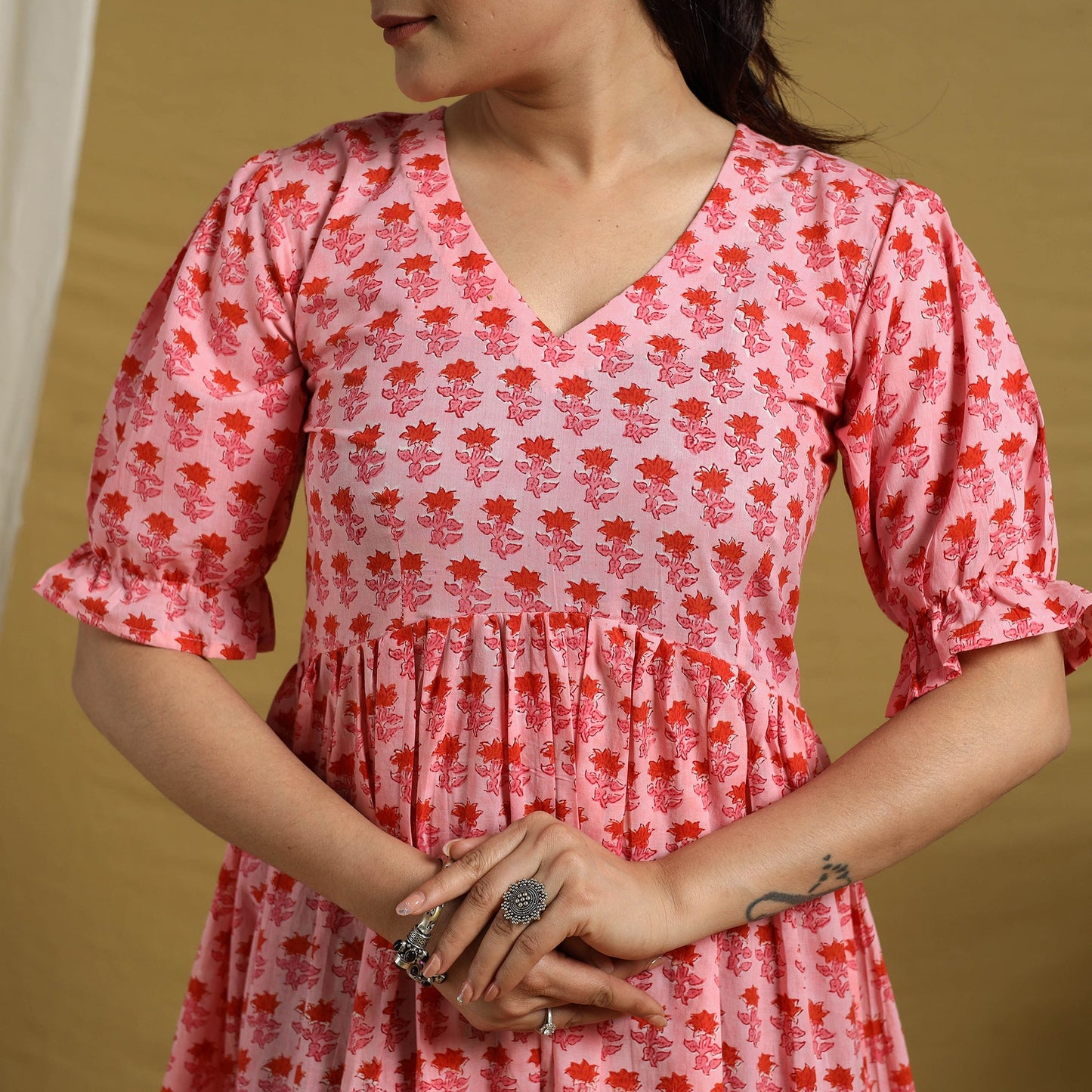  Pink Block Print Cotton Frill Sanganeri Dress