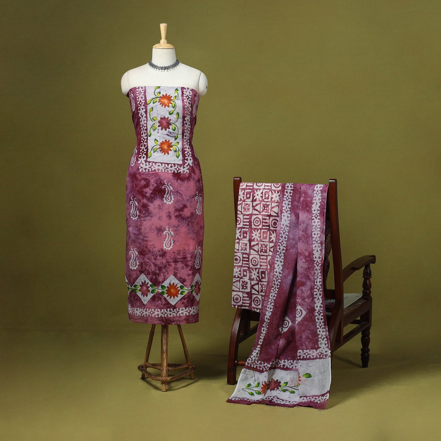 Pink - cotton hand batik 3pc unstitched dress material 03