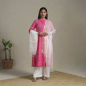 Pink Cotton Hand Batik Print Kurta Set (Set of 3)