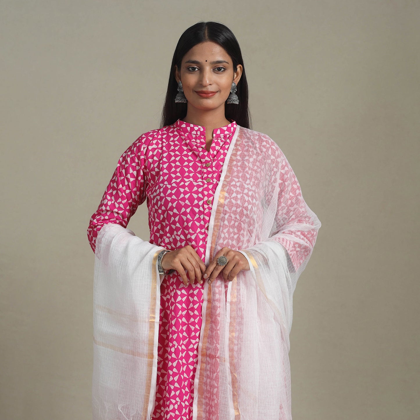 Pink Cotton Hand Batik Print Kurta Set (Set of 3)