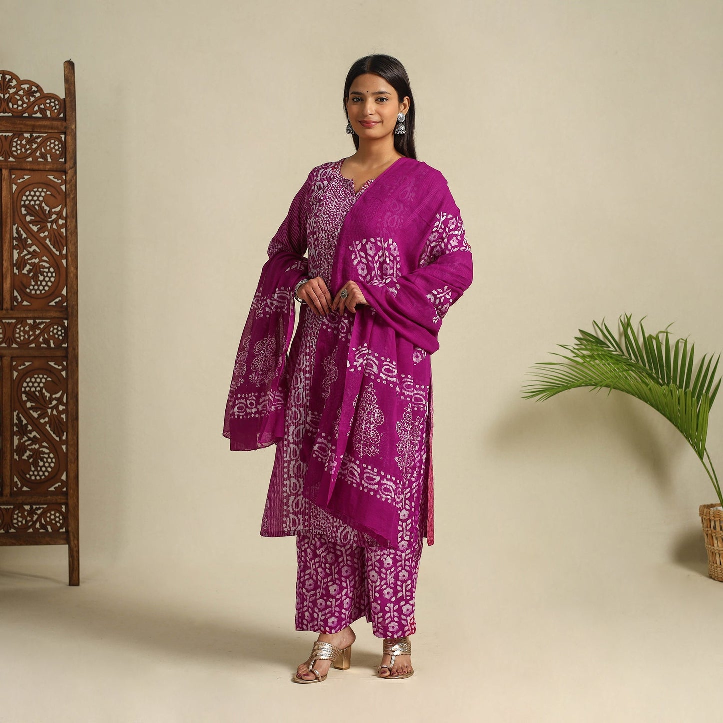  Pink Cotton Hand Batik Print Suit Set