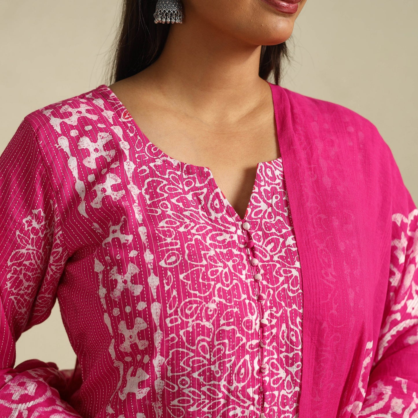 Pink Cotton Hand Batik Print Suit Set