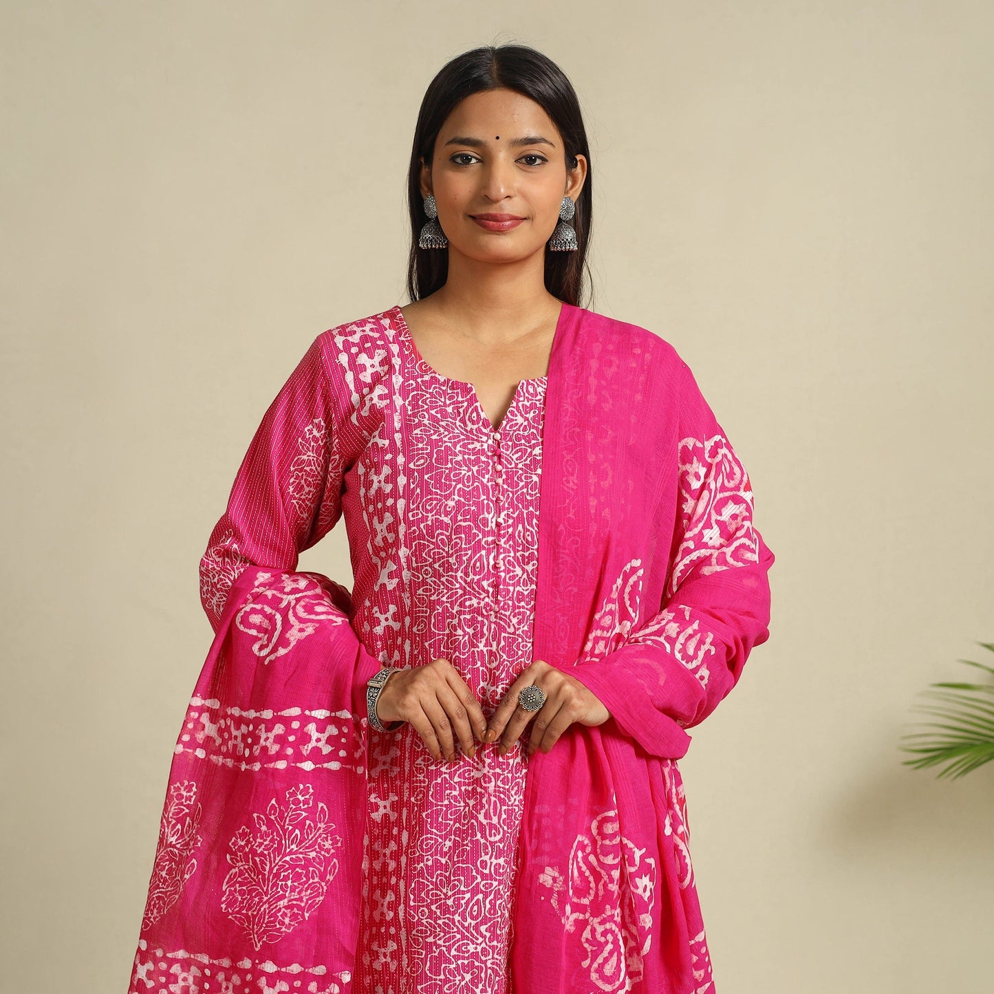  Pink Cotton Hand Batik Print Suit Set