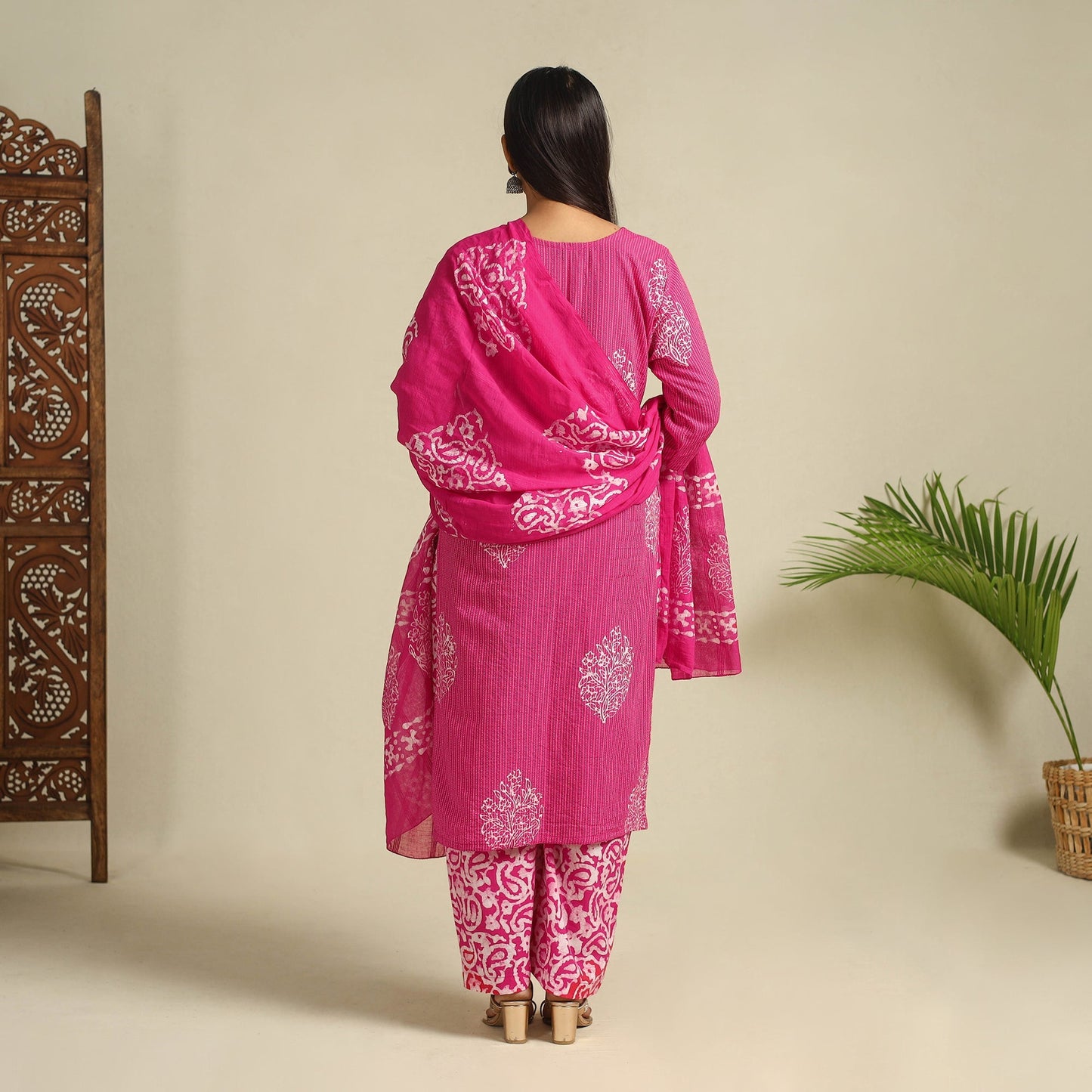  Pink Cotton Hand Batik Print Suit Set