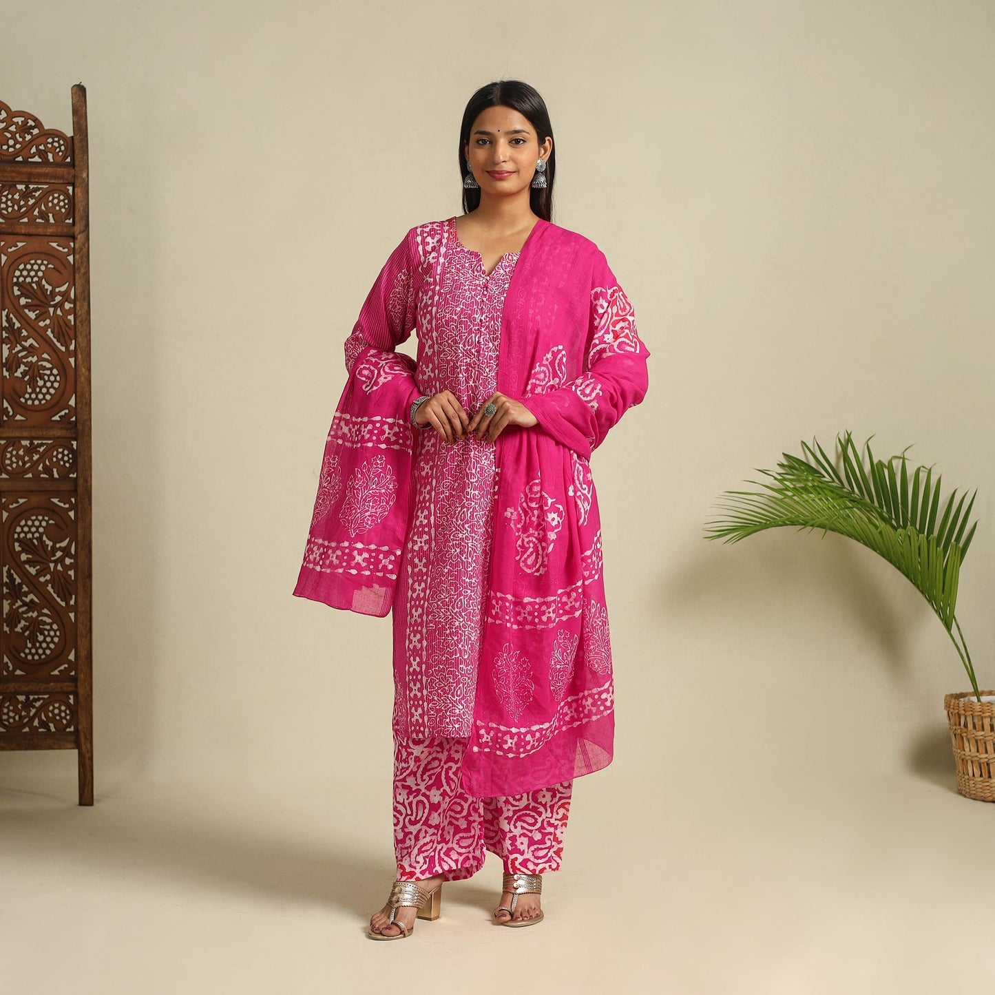  Pink Cotton Hand Batik Print Suit Set