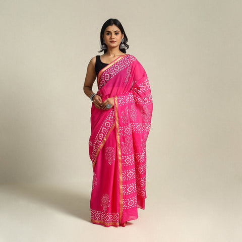  Pink Cotton Hand Batik Print Saree with Blouse Piece