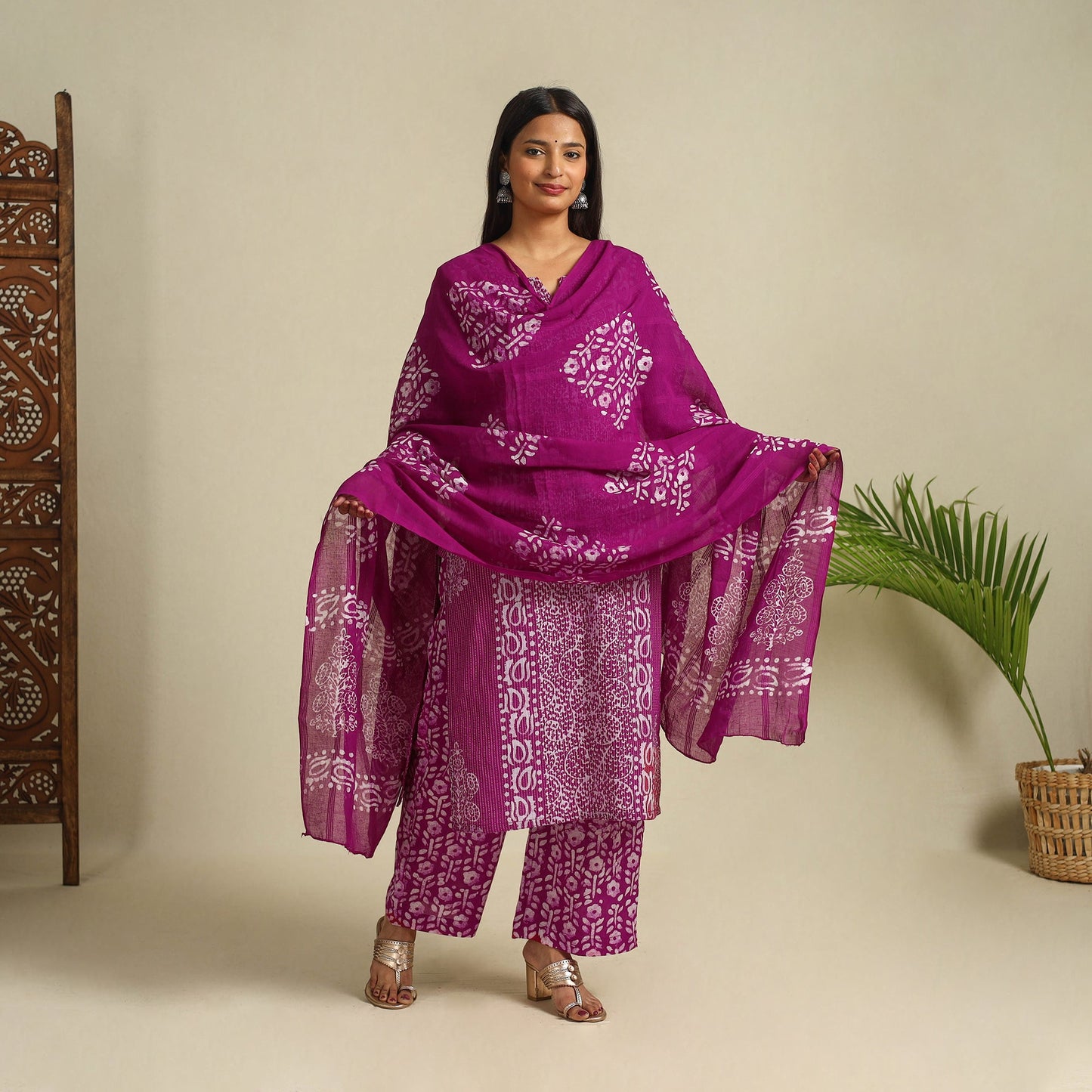  Pink Cotton Hand Batik Print Suit Set