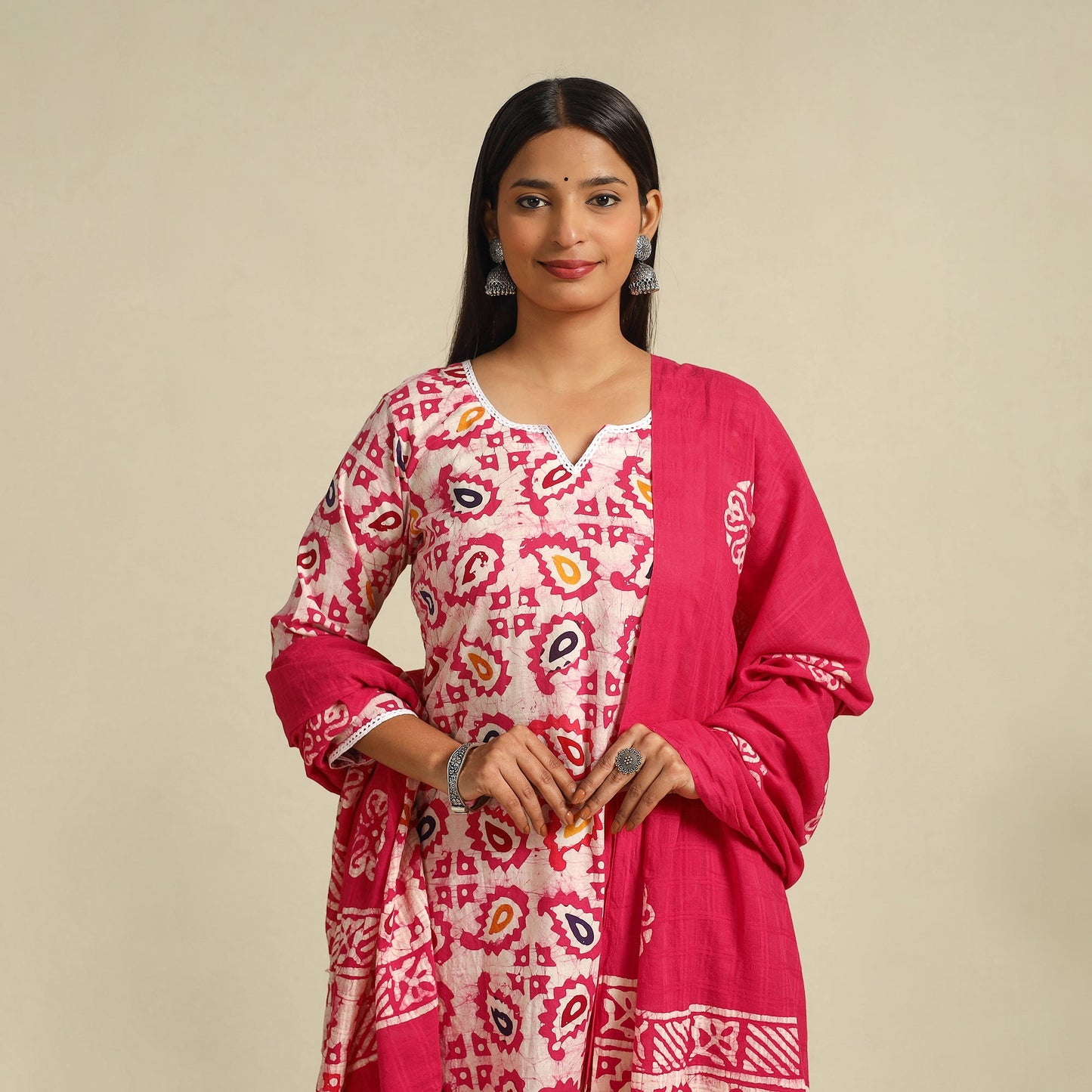 Pink Cotton Hand Batik Print Suit Set