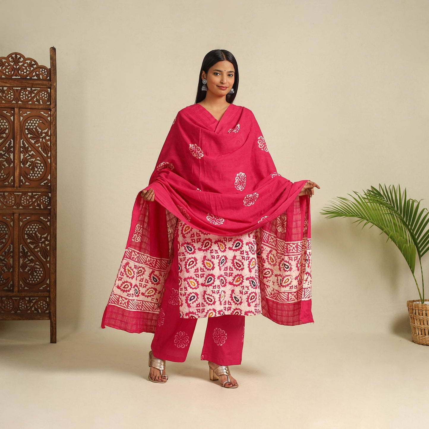  Pink Cotton Hand Batik Print Suit Set
