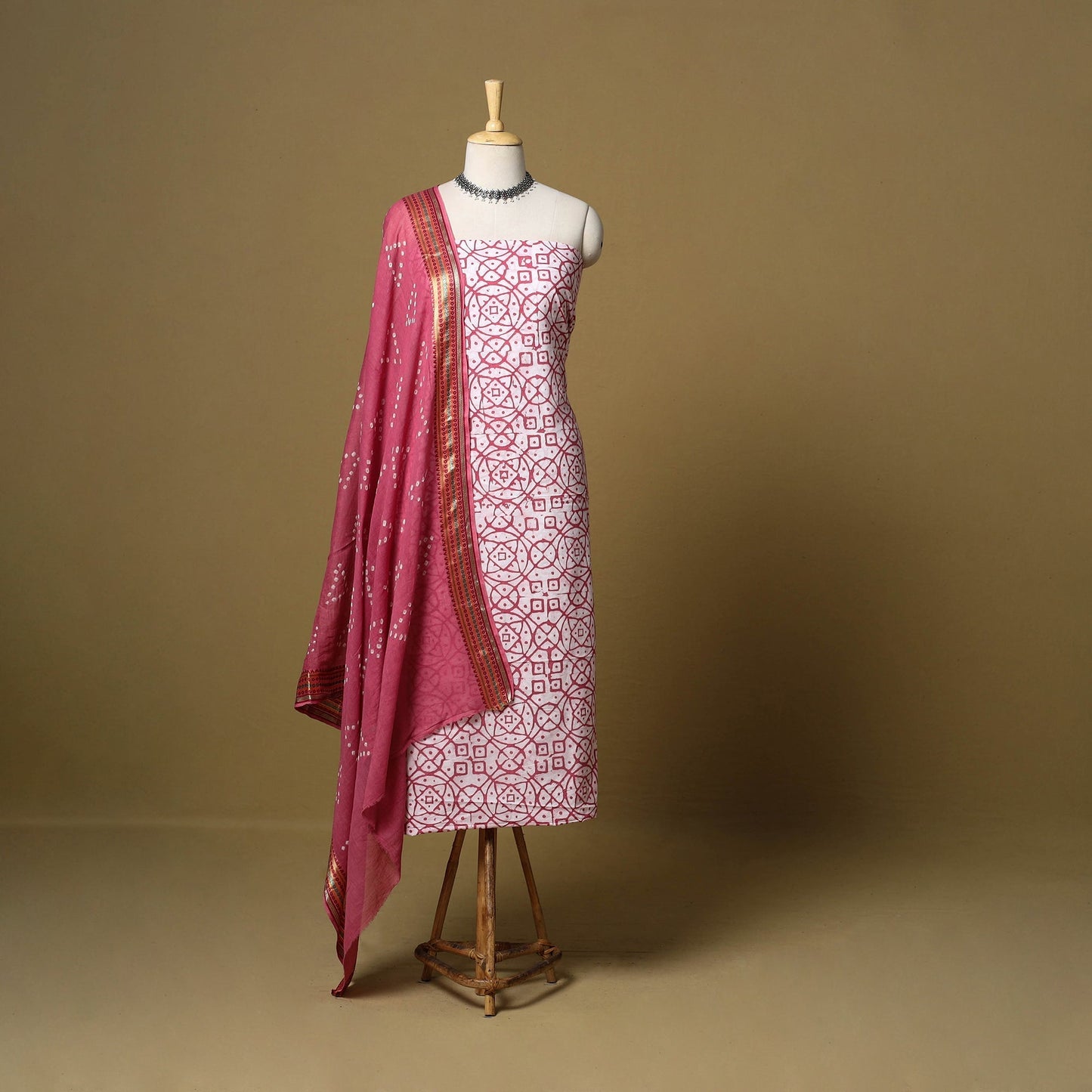 Pink - cotton hand kutch batik 3pc unstitched dress