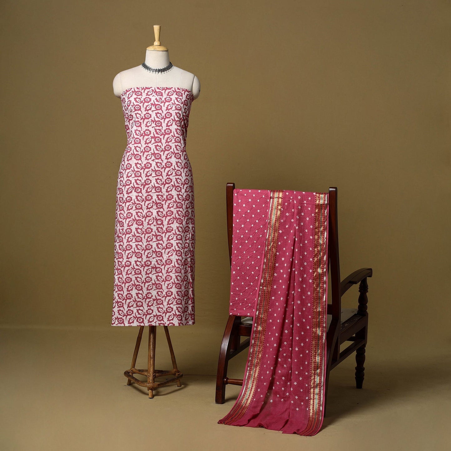 Pink - cotton hand kutch batik 3pc unstitched dress