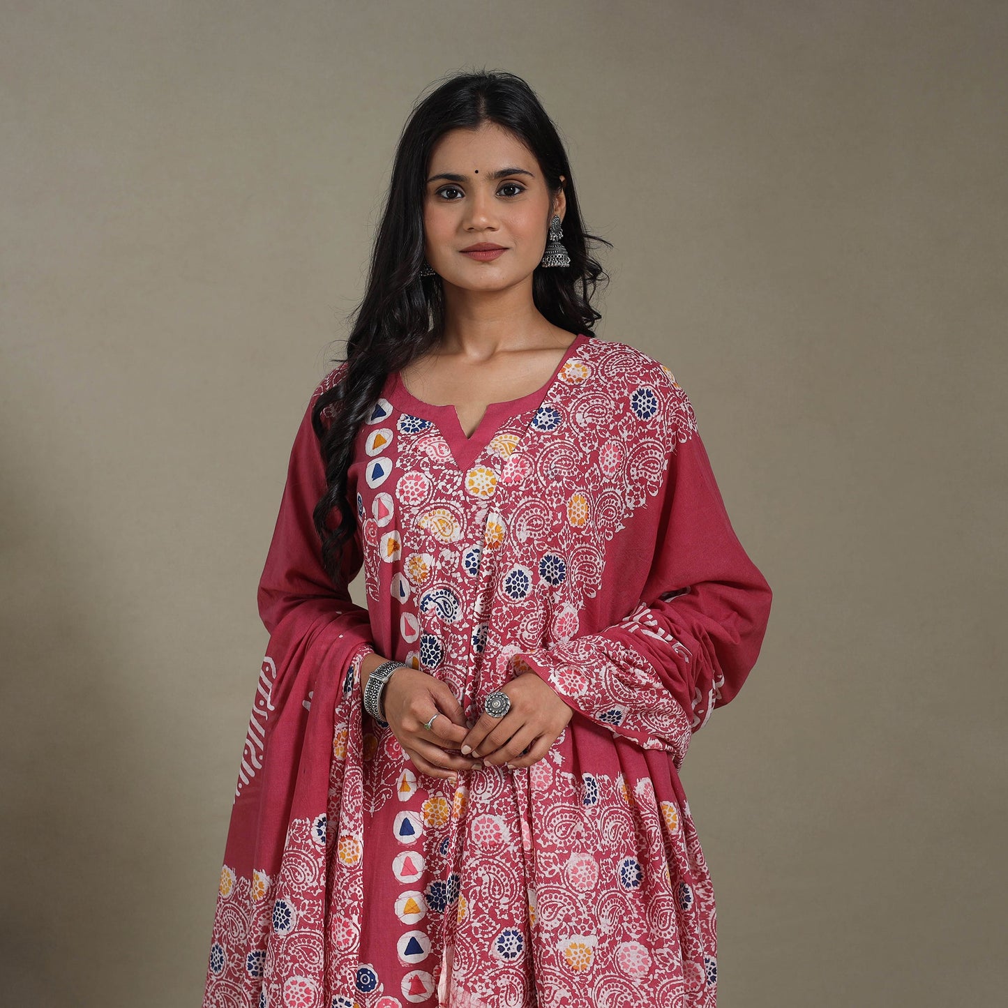 Pink Cotton Indonesian Hand Batik Print Kurta Set (Set of 3)