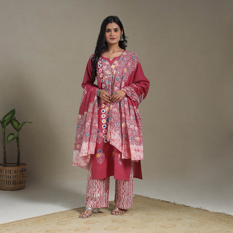 Pink Cotton Indonesian Hand Batik Print Kurta Set (Set of 3)