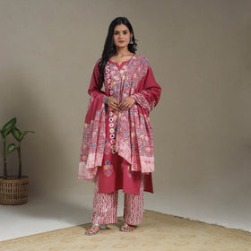 Pink Cotton Indonesian Hand Batik Print Kurta Set (Set of 3)