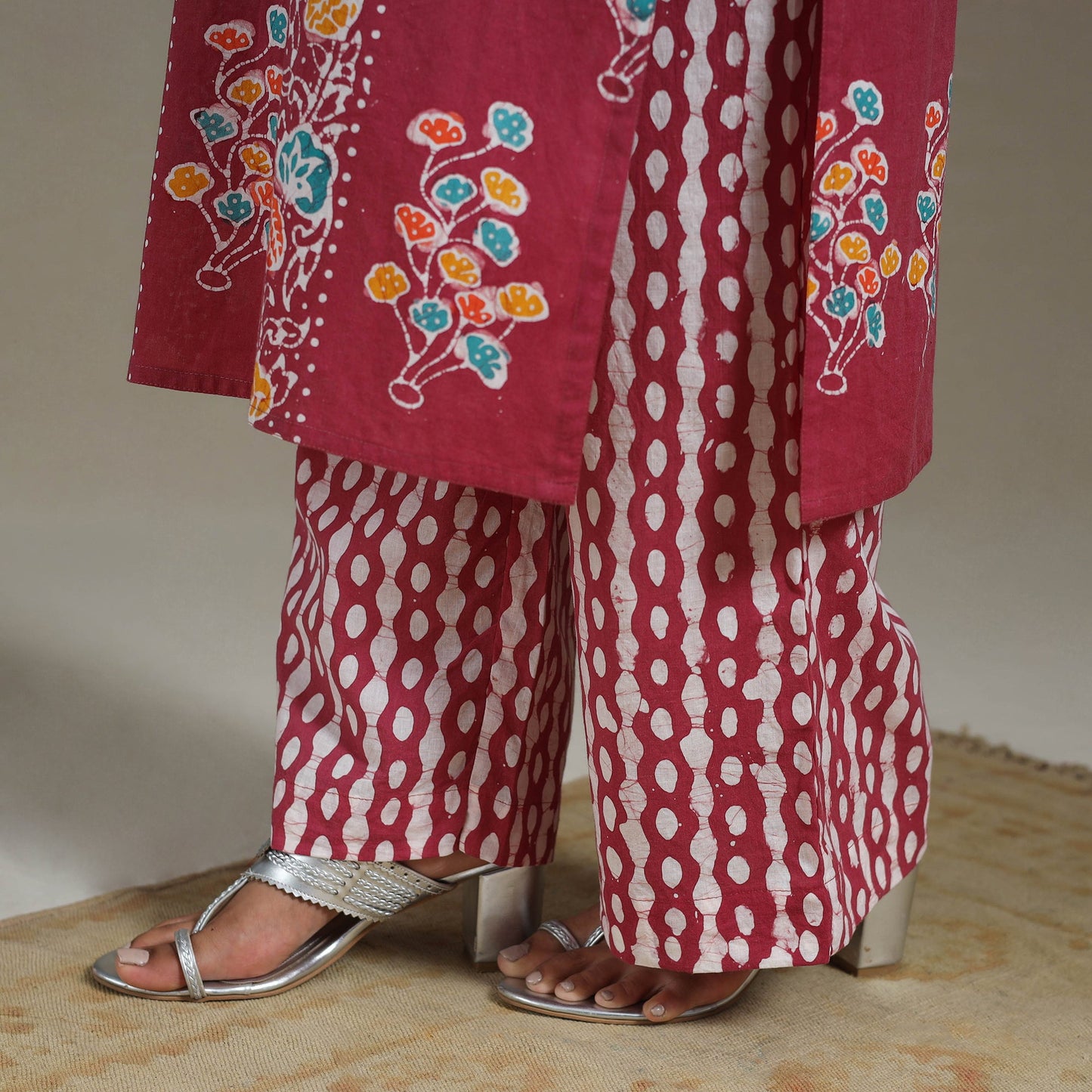 Pink Cotton Indonesian Hand Batik Print Kurta Set (Set of 3)