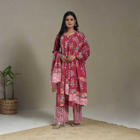 Pink Cotton Indonesian Hand Batik Print Kurta Set (Set of 3)