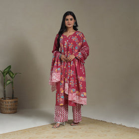 Pink Cotton Indonesian Hand Batik Print Kurta Set (Set of 3)