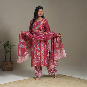 Pink Cotton Indonesian Hand Batik Print Kurta Set (Set of 3)